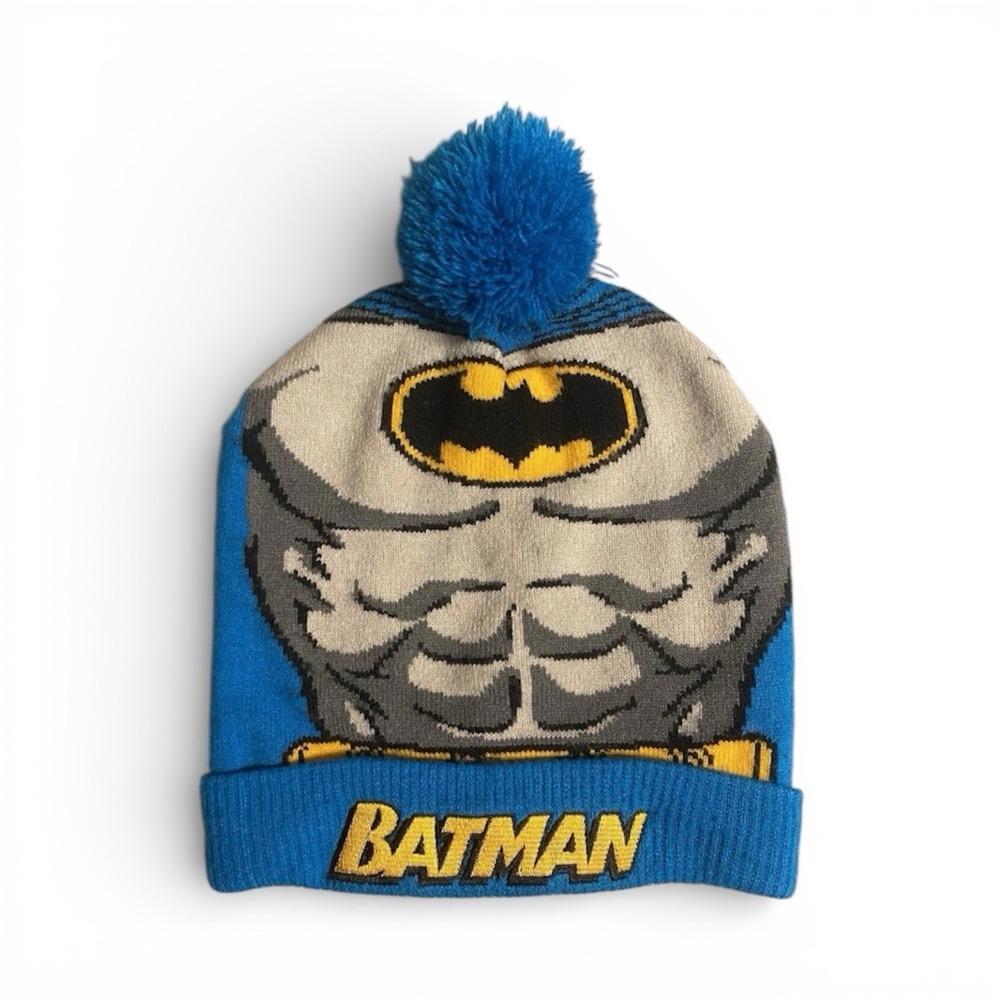 Batman Beanie Hat Blue Pom Pom DC Comics Kids Winter Knit Cap Vintage 90s Style